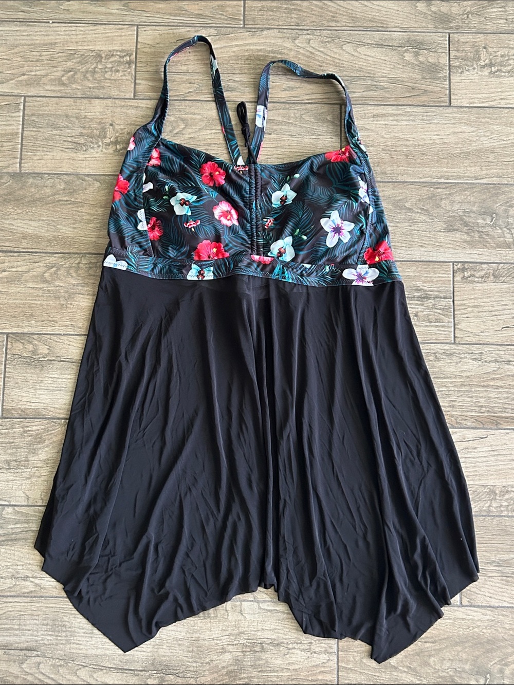 NWT..Black Floral Swim Top with Crossback Straps